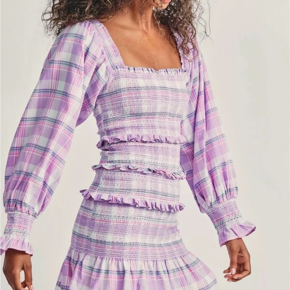 LoveShackFancy Stanley Plaid MINI Dress Lilac Pink Purple Shores Size XS